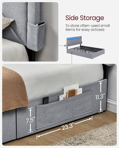 vasagle queen bed frame, 4 storage drawers on shown in use
