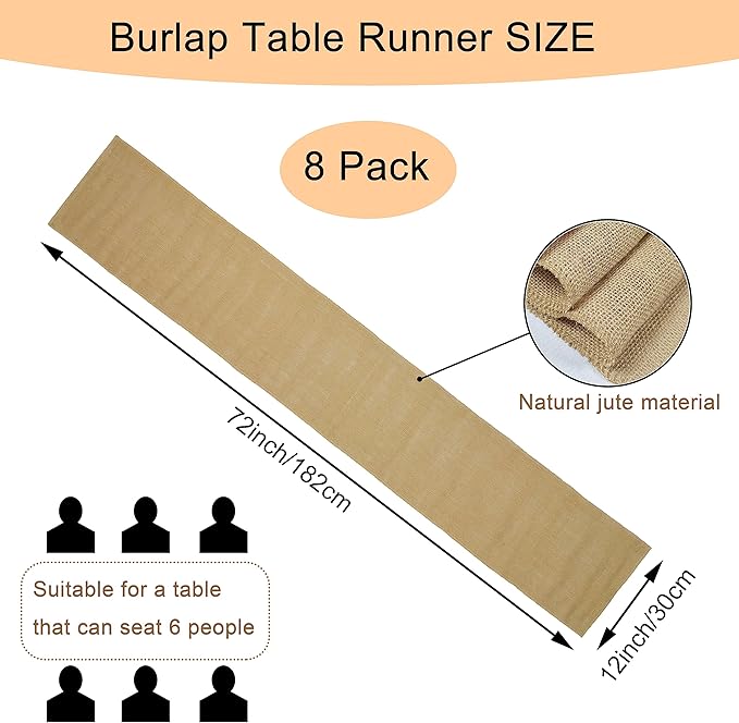 8 Pack Natural Burlap Table Runners, 12 x 72 Inch Rustic Jute Table Runner and - Image 2