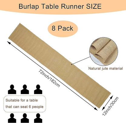 8 Pack Natural Burlap Table Runners, 12 x 72 Inch Rustic Jute Table Runner and - Image 2