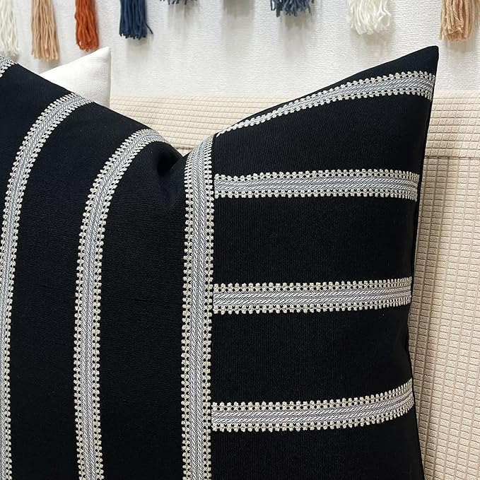 Slow Cow Linen Black and Off White Patchwork Stripe Throw Pillow Cover Cushion - Image 4