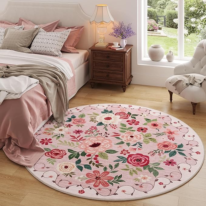 DUKINO Floral Round Rug, 4ft Washable Round Area Rug, Non Slip Indoor Low Pile - Image 2