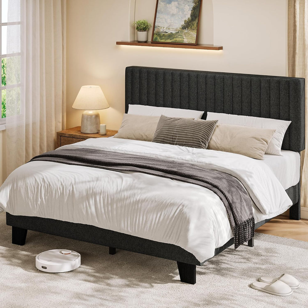 Feonase Full Size Bed Frame with Upholstered Headboard, Linen Platform Bed Fr...