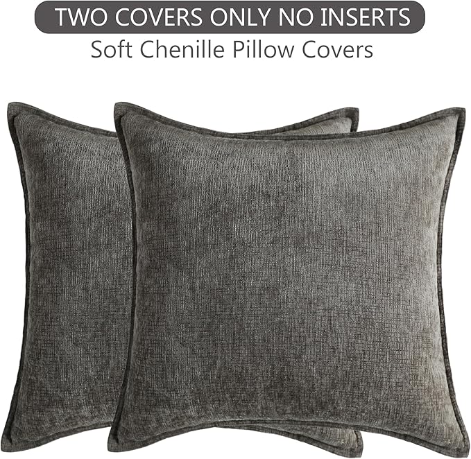 Stellhome Soft Decorative Chenille Pillow Covers 18x18 Inch Natural Dark Grey - Image 6