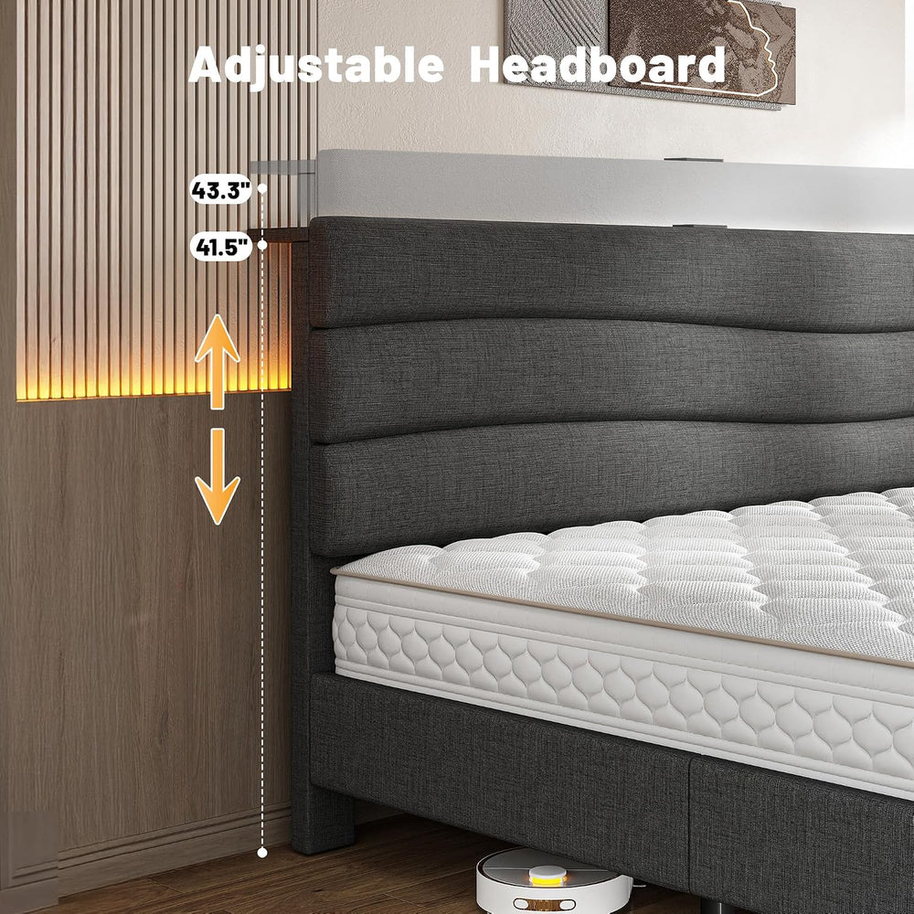 EnHomee King Size Bed with Upholstered Headboard & Charging Station