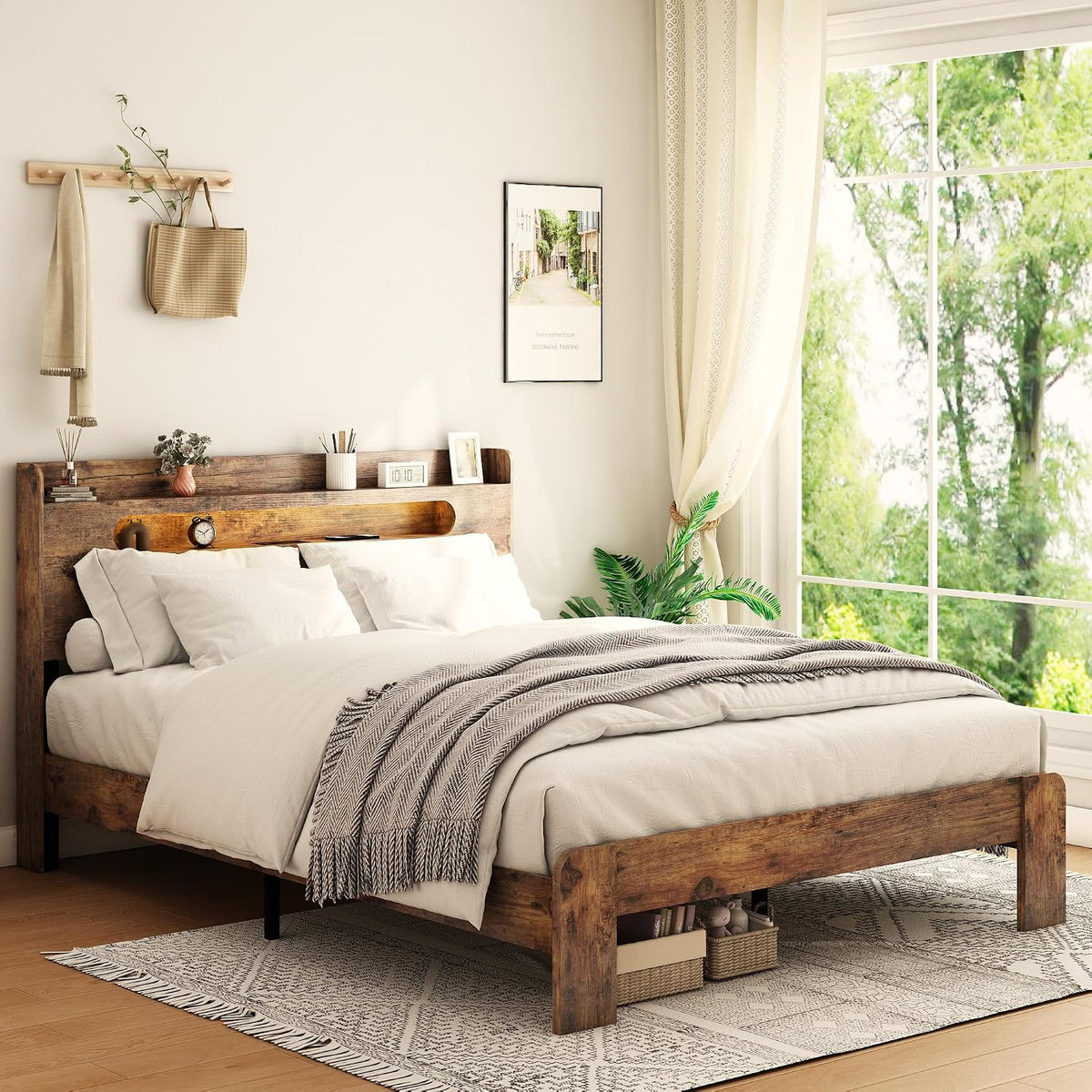wooden queen bed frame with storage headboard, farmhouse shown in use