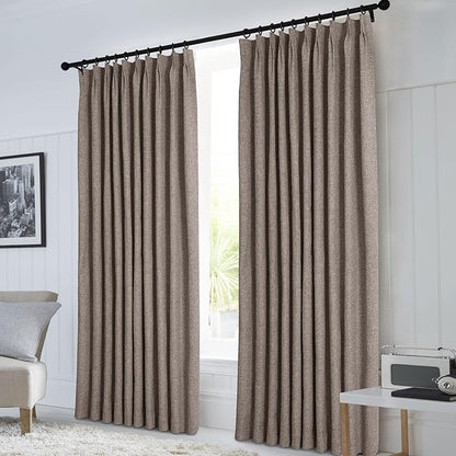 Macochico 100% Blackout Light Coffee Linen Curtains 84 Inches Long Pinch - Image 2