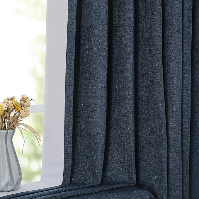 Vision Home Navy Blue Pinch Pleated Full Blackout Curtains Linen Blended Room - Image 3
