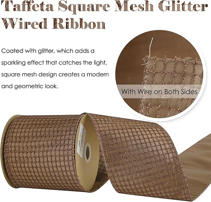 HUIHUANG 4" Brown Glitter Christmas Ribbon Wired Bronze Square Mesh Wire Ribbon - Image 7