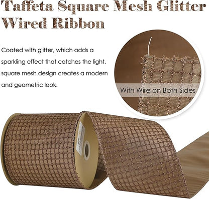 HUIHUANG 4" Brown Glitter Christmas Ribbon Wired Bronze Square Mesh Wire Ribbon - Image 7