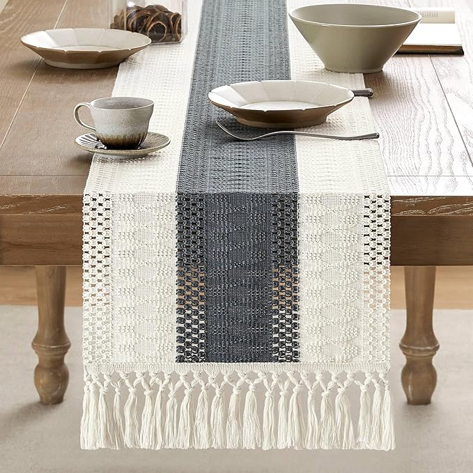 ZeeMart Macrame Style Bicolor Stitching Table Runner, 14 x 90 Inch - Image 2