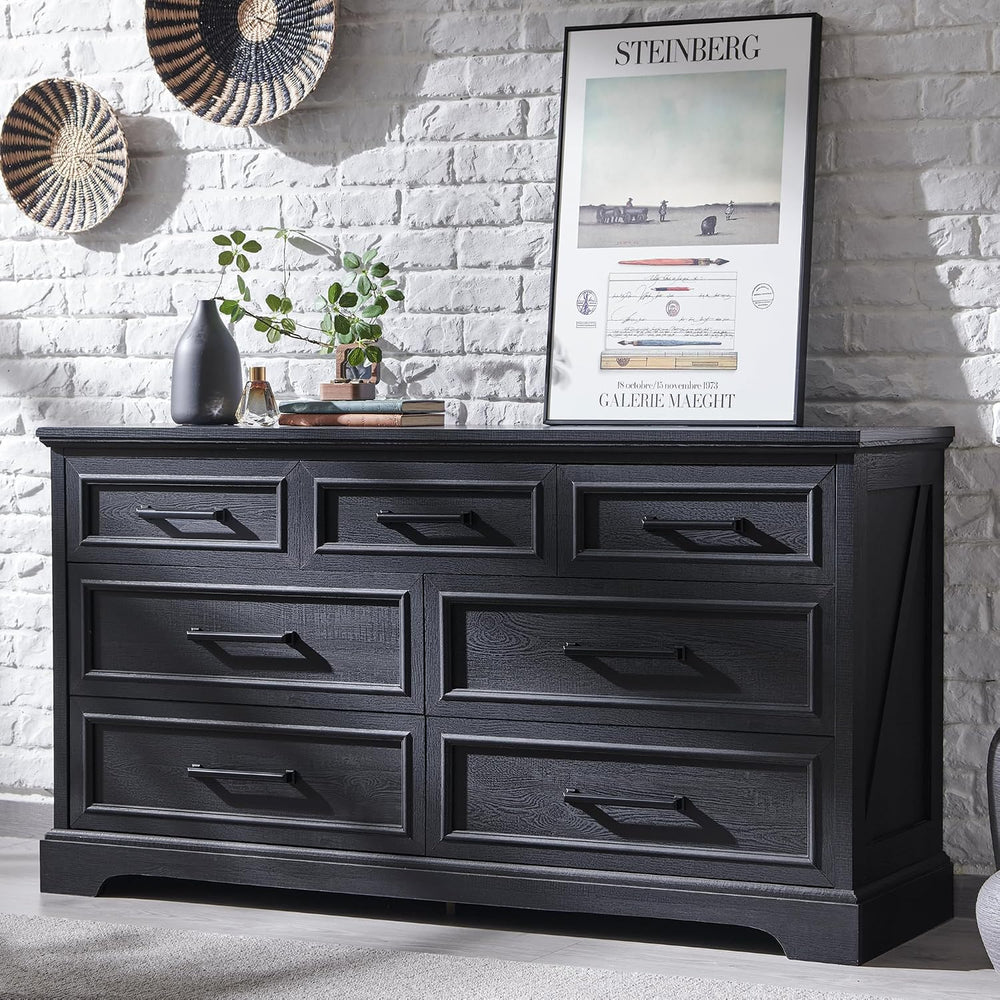 ACCOHOHO 7 Drawer Dresser, 52" Wide Farmhouse Chest for Bedroom, Black