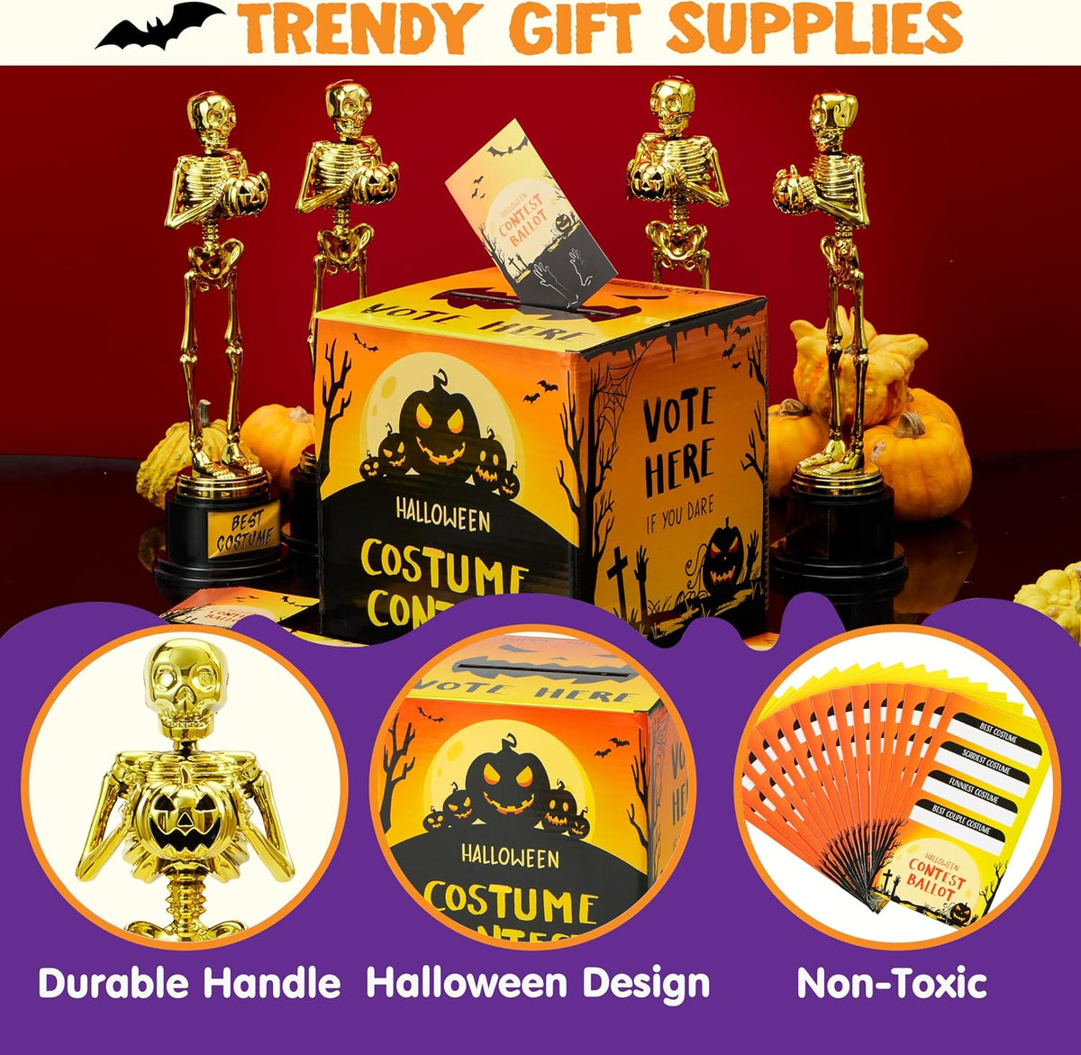 JOYIN Halloween Costume Contest Ballot Card Box, 4 PCS Trophy Awards Best Costume Skeleton, 50 PCS Voting Cards, Halloween Party Favor Supplies for Trick or Treating, Students Classroom Prize