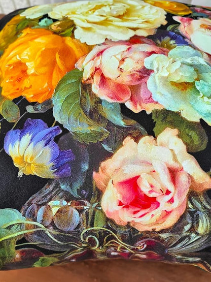 Vibrant Multicolor Roses & Violets on Black Throw Pillow Cover, 18x18 Inch - Image 2