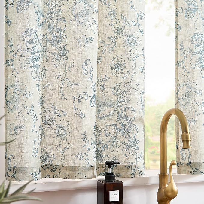 jinchan Linen Kitchen French Floral Tier Curtains 30 Inch Farmhouse Vintage - Image 2