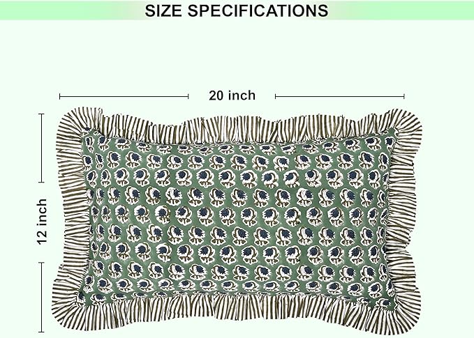 Ridhi Basil Green 100% Cotton Block Print Ruffle Lumbar Sham Cover Handmade - Image 5