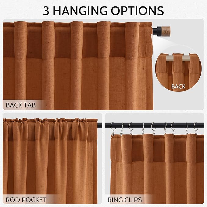 Desert Orange Semi Sheer Curtains 120 Inches Set Back Tab Loop Pocket Linen - Image 2