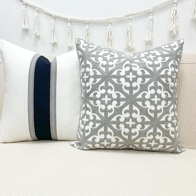 SLOW COW Embroidery Decorative Throw Pillow Cover Grey Kaleidoscope Design - Image 2