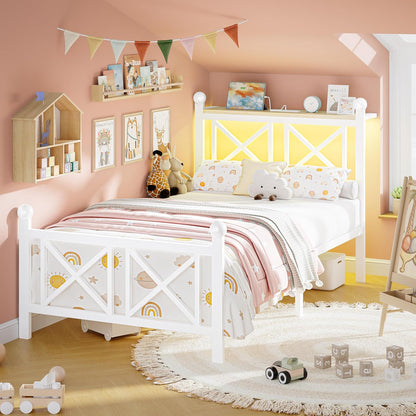 dynjest twin white bed frame with headboard and, side view