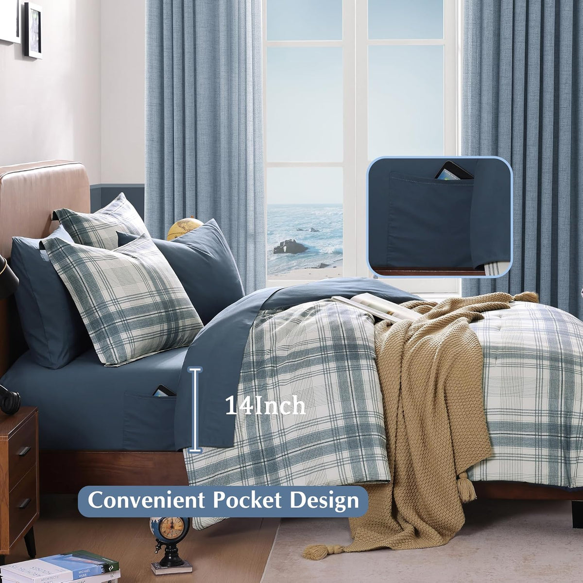 plaid full size comforter set blue grey 7, side view