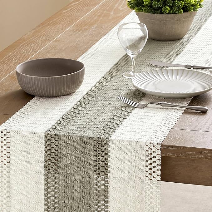 ZeeMart Macrame Style Bicolor Stitching Table Runner, 14 x 48 Inch Dark - Image 4