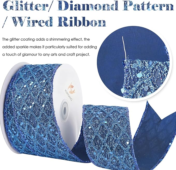HUIHUANG Navy Blue Wired Ribbon 2.5 inch Glitter Diamond Mesh Wire Edge Ribbon - Image 2