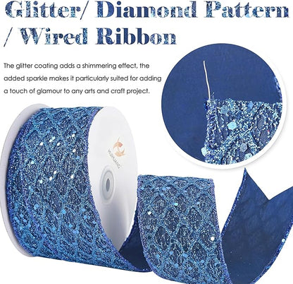 HUIHUANG Navy Blue Wired Ribbon 2.5 inch Glitter Diamond Mesh Wire Edge Ribbon - Image 2