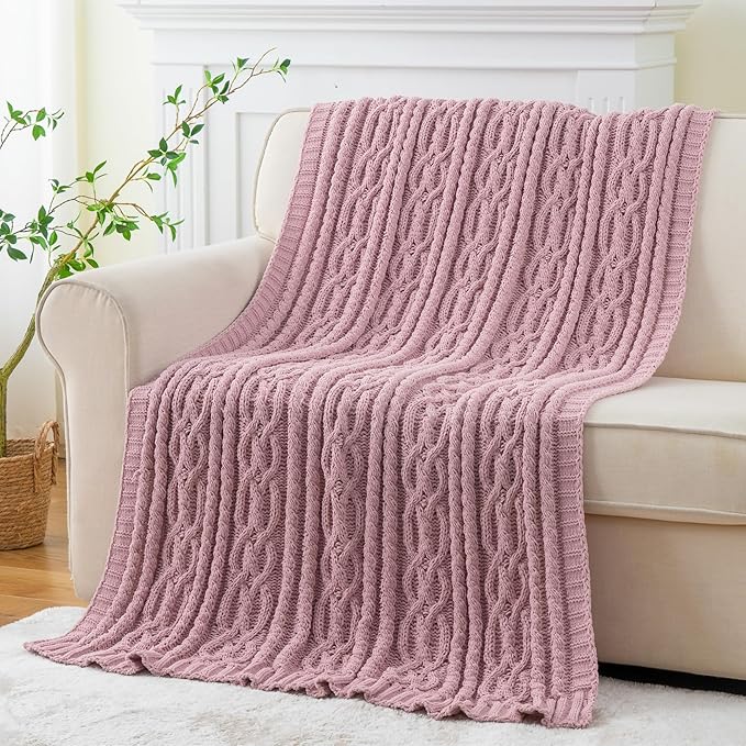 Battilo Pink Throw Blanket for Couch, Cable Knit Blanket, Soft Chenille Throw - Image 7
