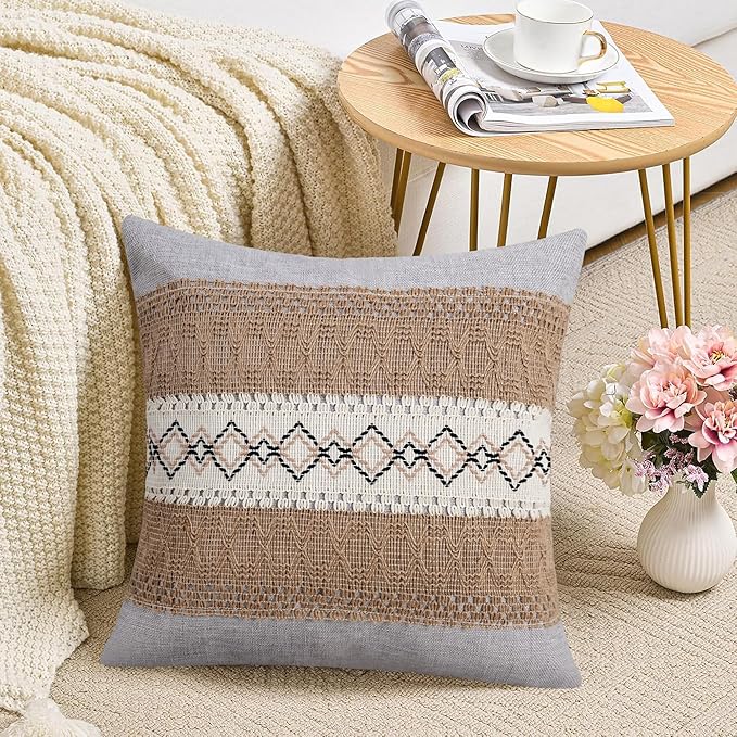 Pyonic Pack of 2 Boho Throw Pillow Covers 18x18 Inch Farmhouse Decorative Throw - Image 6