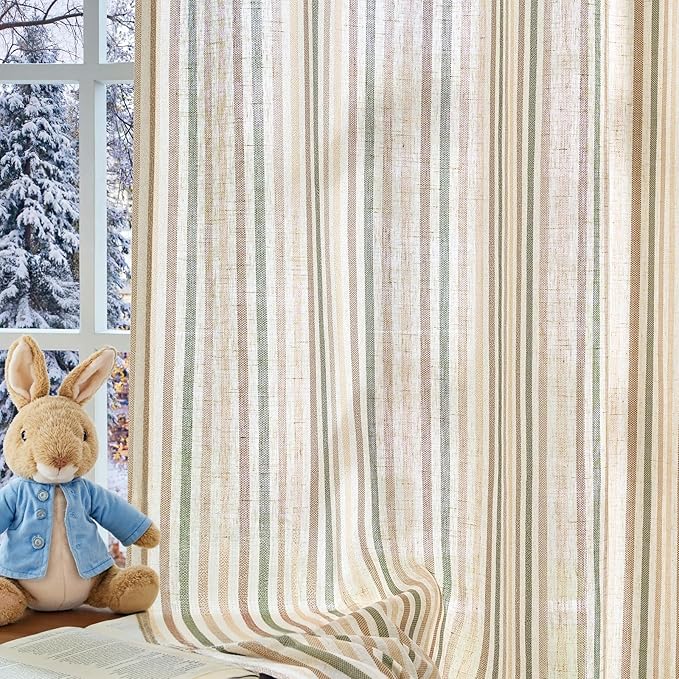 Vangao Linen Striped Green Curtains Boho Tickingstripe Light Filtering Nursery - Image 8