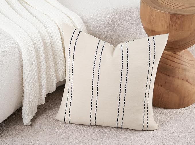Decorative Throw Pillow Covers 20x20 Inch Set of 2 Linen Striped Accent Neutral - Image 4