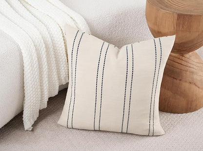 Decorative Throw Pillow Covers 20x20 Inch Set of 2 Linen Striped Accent Neutral - Image 4