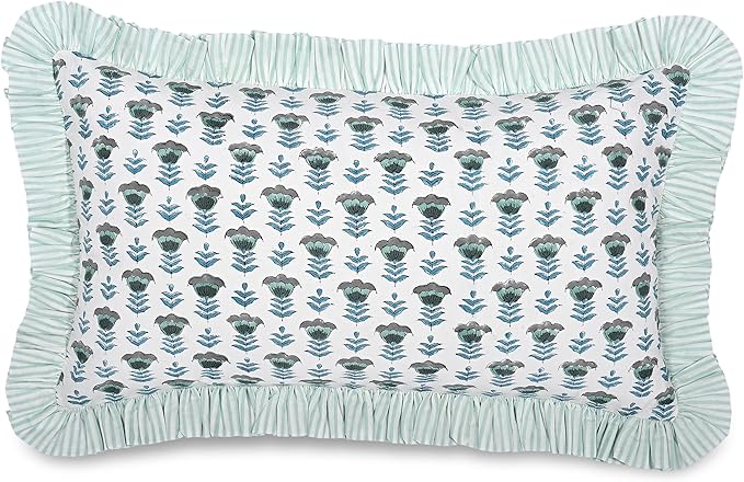Ridhi Aquamarine Blue 100% Cotton Block Print Ruffle Bed Sham Cover 20''×36'' by Ridhi