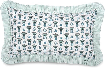 Ridhi Aquamarine Blue 100% Cotton Block Print Ruffle Bed Sham Cover 20''×36'' by Ridhi