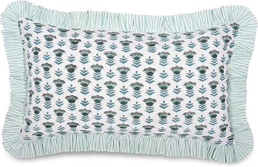 Ridhi Aquamarine Blue 100% Cotton Block Print Ruffle Bed Sham Cover 20''×36'' by Ridhi