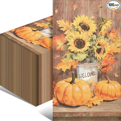 100 Pack Thanksgiving Pumpkin Paper Napkins – 13 x 16 Inches Unfolded, by Wobeny