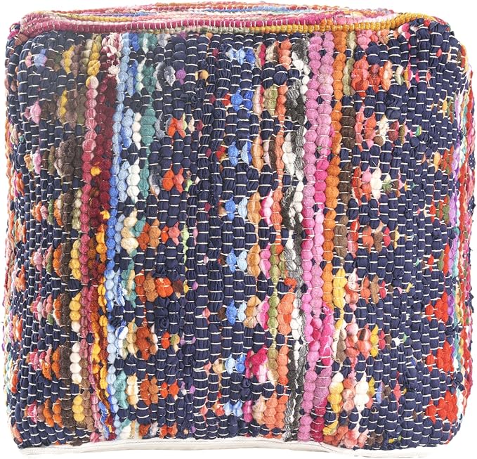 LR Home Denim Bordered Shabby Chic Hand-Loomed Cotton Jute Cube Pouf - Image 3