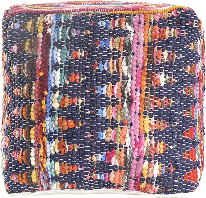 LR Home Denim Bordered Shabby Chic Hand-Loomed Cotton Jute Cube Pouf - Image 3