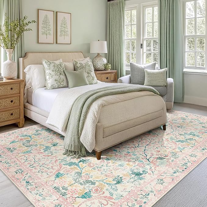 MUJOO Pink Washable Rugs 8x10, Floral Area Rug - Image 7