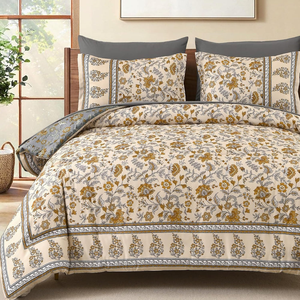 Comforter Set Full Size Boho,Bohemain Beige Bedding Paisley Floral 7 Pieces
