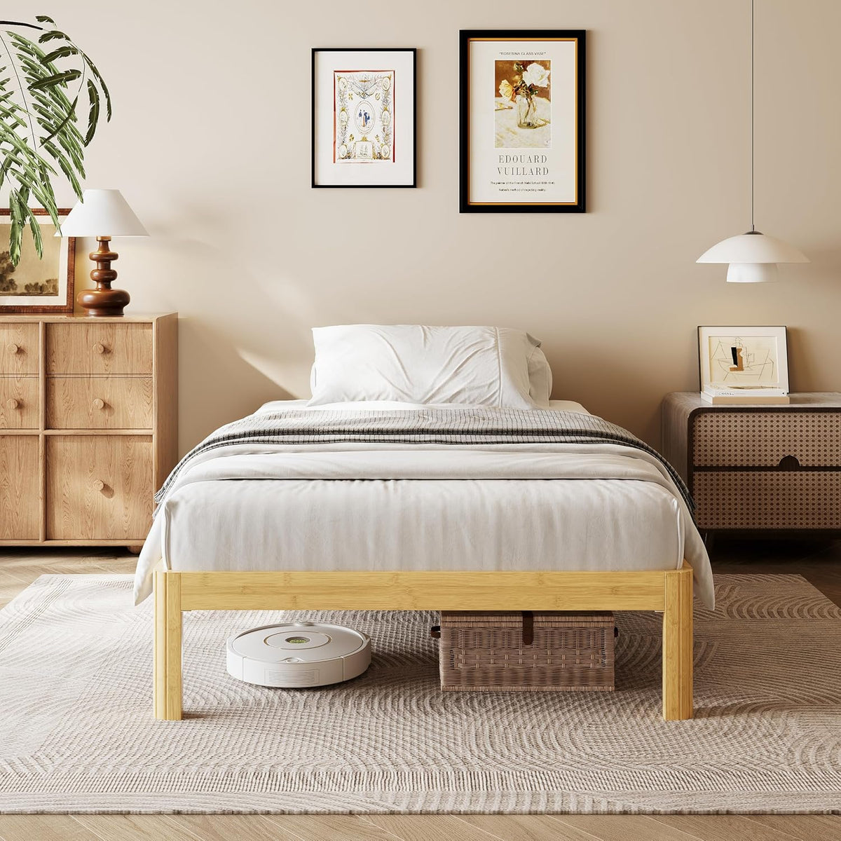 12 inch twin xl size wood bed frame, front angle view
