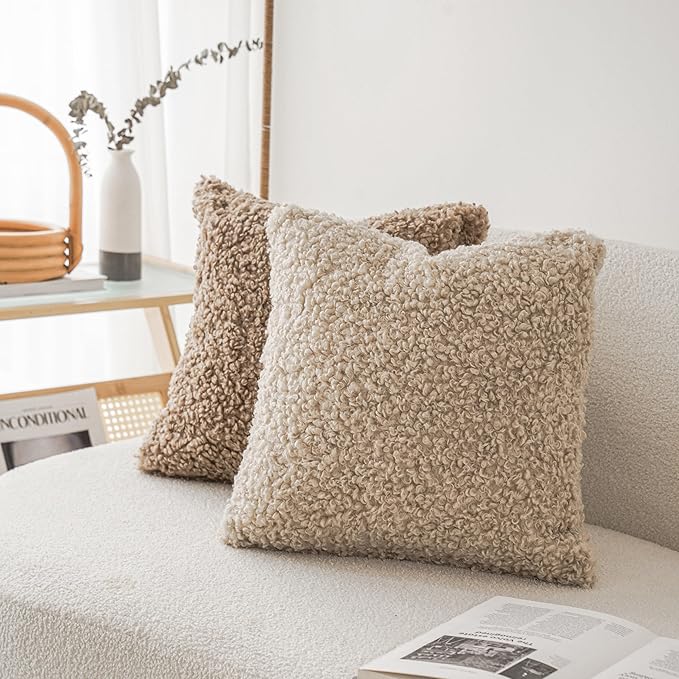 Foindtower 2 Pieces 16x16 Inch Light Khaki, Faux Fur Throw Pillow Cover Accent - Image 4