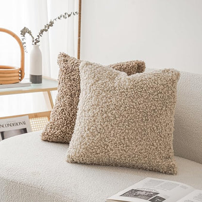Foindtower 2 Pieces 22x22 Inch Light Khaki, Faux Fur Throw Pillow Cover Accent - Image 4