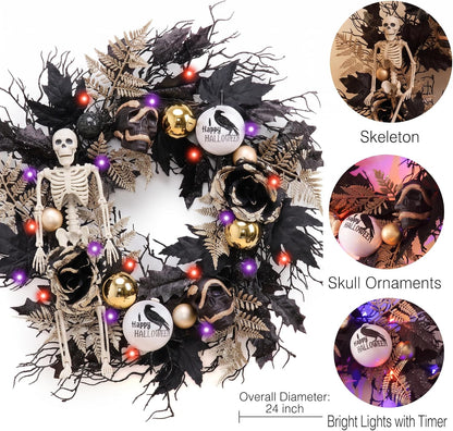 DecorbyHannah 24'' Skeleton Halloween Wreath with Lights for Front Door