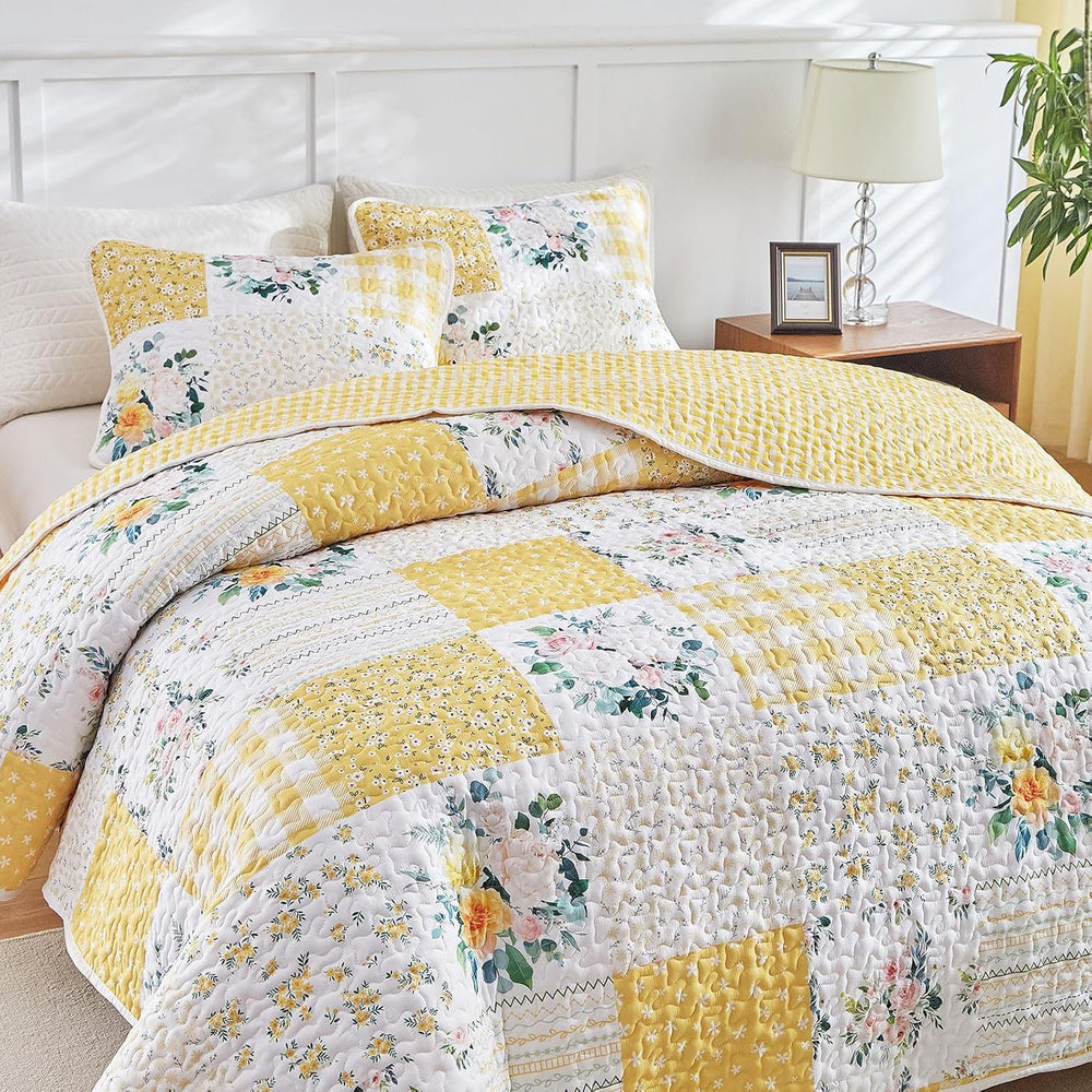 Joyreap 3 Pieces Floral Patchwork Quilt Set King, Yellow n White Flowers Desi...