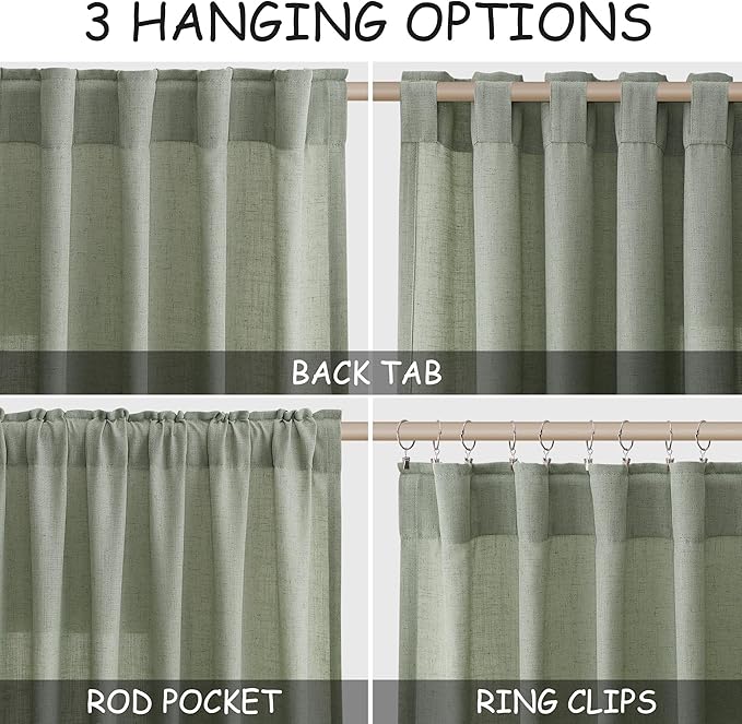Nanspring Linen Curtains Semi Sheer Desert Sage 96 Inches Long 2 Panels Set - Image 2