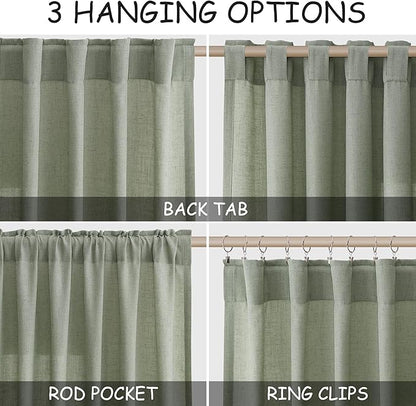 Nanspring Linen Curtains Semi Sheer Desert Sage 96 Inches Long 2 Panels Set - Image 2
