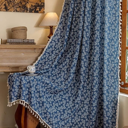ENJOYBRIDAL White Floral Curtains 84 Inch Long Semi Sheer Navy Blue Drapes by ENJOYBRIDAL
