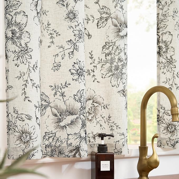 jinchan Linen Kitchen French Floral Tier Curtains 30 Inch Farmhouse Vintage - Image 2