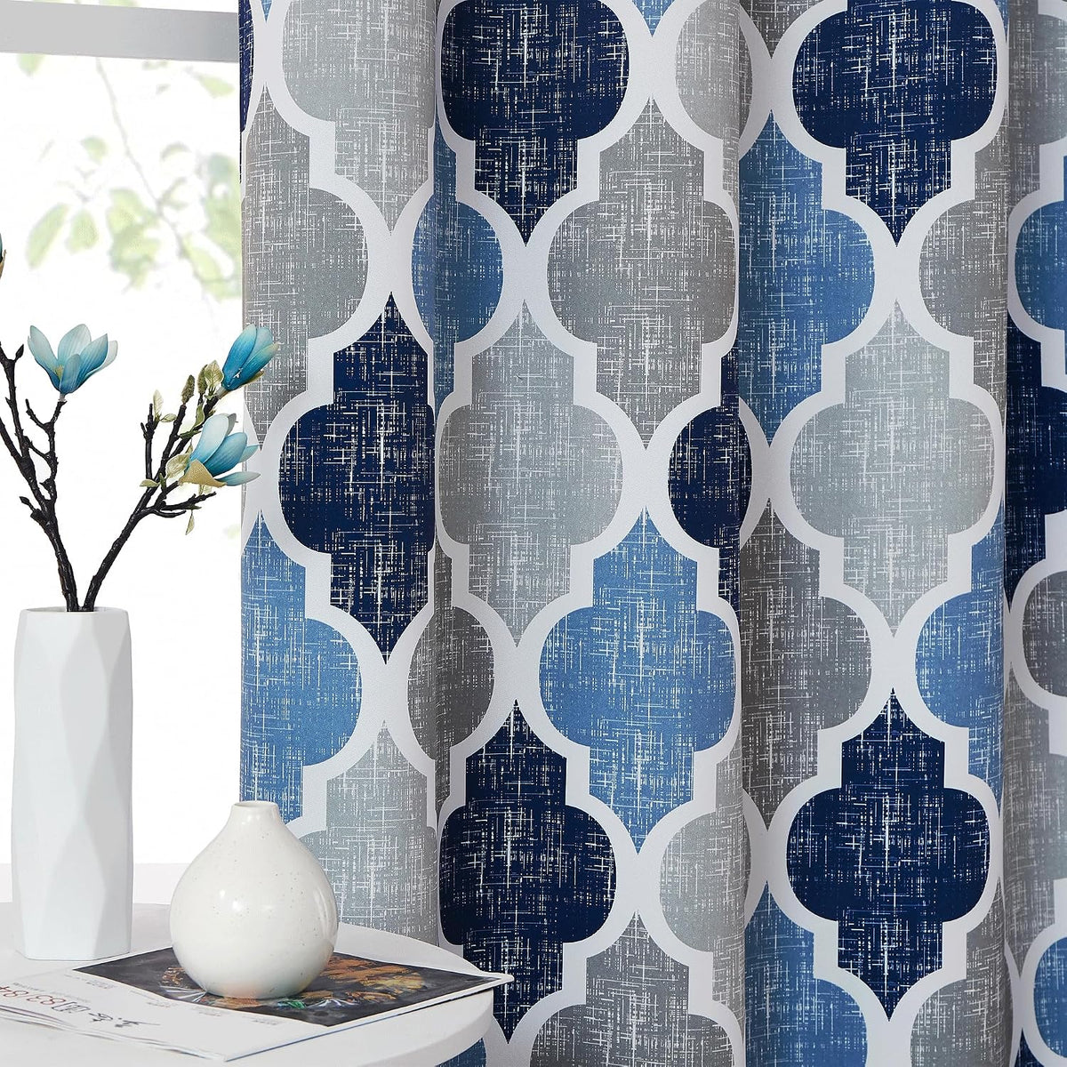 beauoop moroccan 100% blackout curtains bedroom blue grey showing dimensions