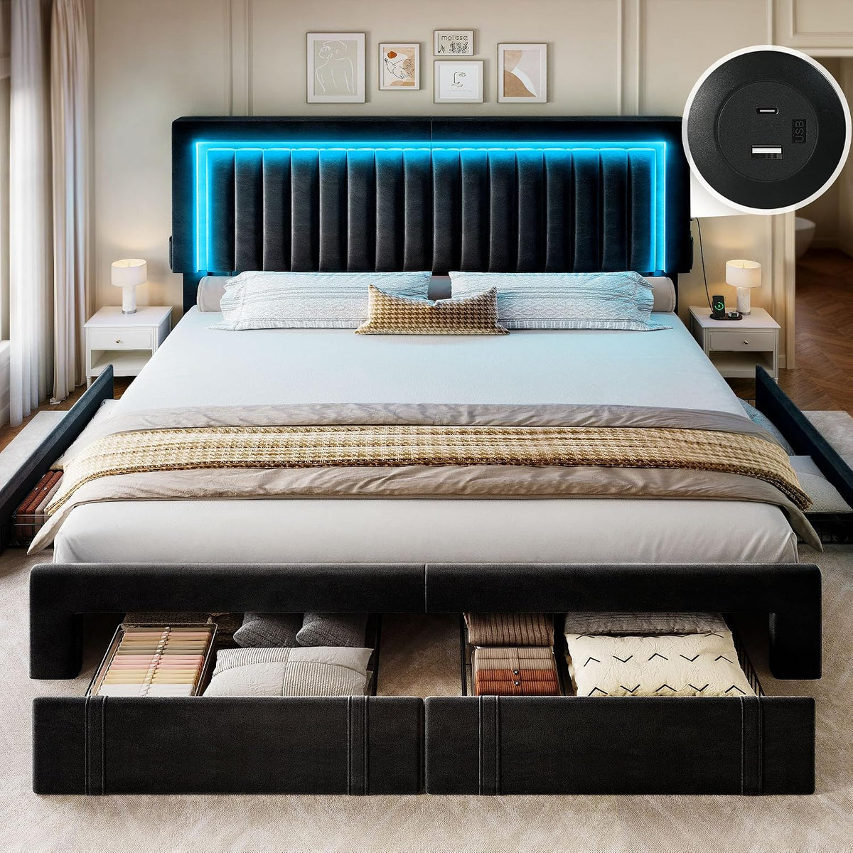 yitahome king size bed frame with adjustable headboard, side view